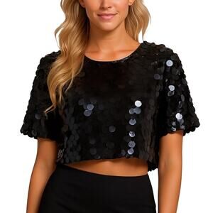 A New Day Black Sequin Crop Top Sz Small